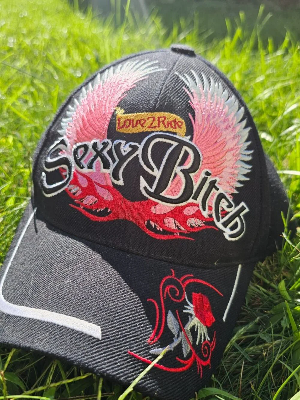 y2k Bikercore Baddie McBling Biker Chic Flames, Wings, Black & Pink Baseball Hat - Picture 5 of 5